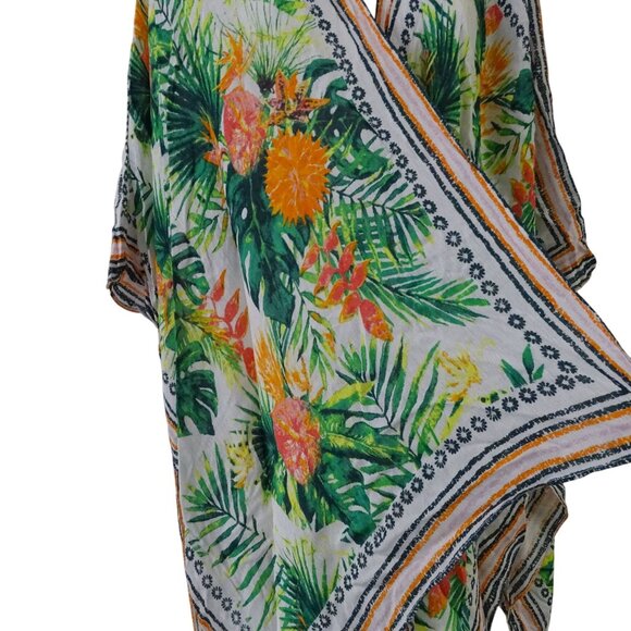 Vince Camuto Tropical Floral Kimono Open Green Orange Women One Size Tassel - Picture 2 of 10